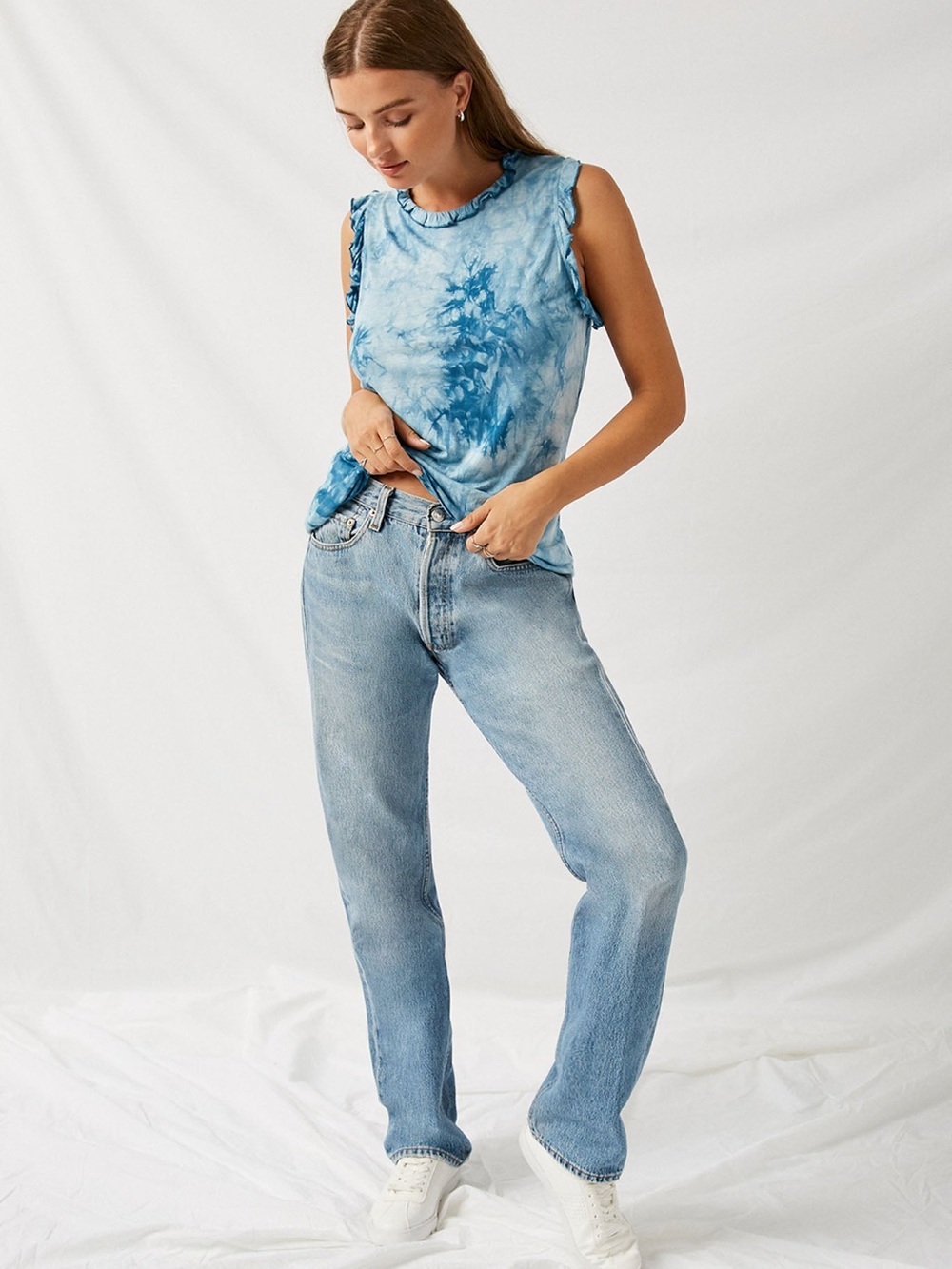 Hayden Los Angeles Blue Tie Dye Ruffle Tank Top NWT M